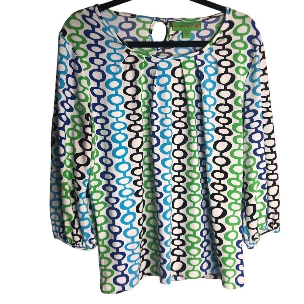 Island Republic Neon Rose Blue Green White Circle Print Long Sleeve Blouse‎ Top